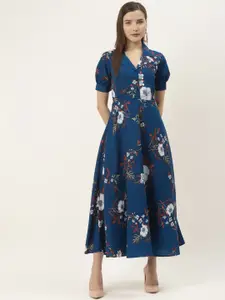 Deewa Women Navy Blue & Coral Red Floral Printed Maxi Dress