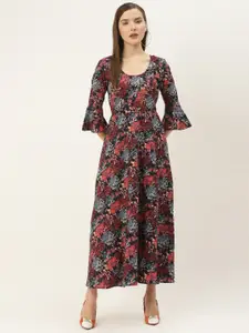 Deewa Women Black & Pink Floral Print Maxi Dress