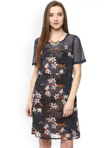 Zima Leto Navy & Black Floral Print Polyester Blouson Dress