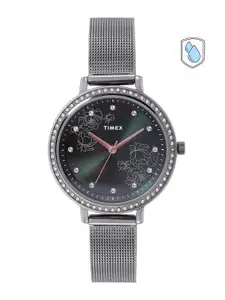 Timex Women Green Printed Dial & Gunmetal Toned Bracelet Straps Analogue Watch TWEL14704