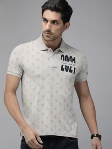 Arrow Sport Men Grey Melange & Black Printed Polo Collar T-shirt