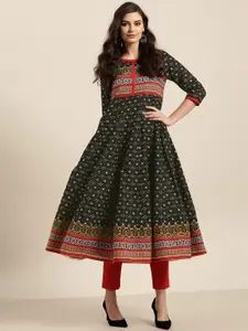 Sangria Women Black & Red Pure Cotton Ethnic Motifs Printed A-Line Kurta