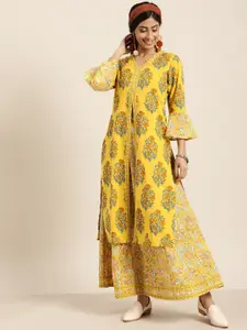 Sangria Women Mustard Yellow & Grey Printed High Slit Kurta with Skirt