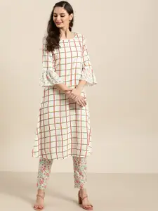 Sangria Women White & Red Checked Bell Sleeves A-line Kurta
