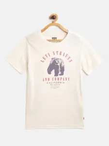 Levis Boys Cream-Coloured Brand Name & Grizzly Bear Printed Round Neck T-shirt