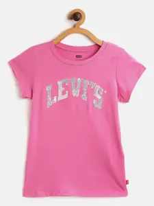 Levis Girls Pink  Silver Brand Logo Sequinned Round Neck Pure Cotton T-shirt