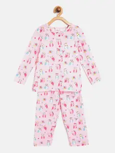 pspeaches Girls Pink & Blue Owl Print Pure Cotton Night Suit