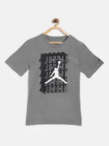 Jordan Boys Charcoal Grey & Black Crosswords Jumpman Logo Print Round Neck T-Shirt