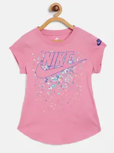 Nike Girls Pink Futura Regrind Brand Logo Print Round Neck Pure Cotton Scoop Pure Cotton T-shirt
