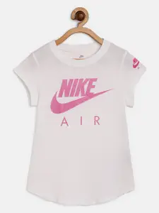 Nike Girls White  Pink Futura Air Brand Logo Print Round Neck Pure Cotton T-shirt