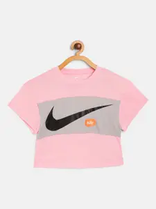 Nike Girls Pink & Grey Swoosh Logo Print Round Neck Boxy T-shirt