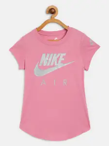 Nike Girls Pink  Grey Futura Air Brand Logo Print Round Neck Pure Cotton T-shirt