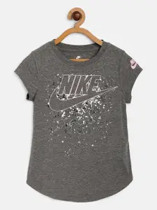 Nike Girls Charcoal Grey Futura Regrind Brand Logo Print Round Neck Scoop T-shirt