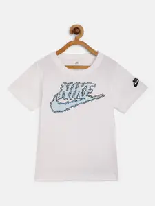 Nike Boys White & Blue Pure Cotton Futura Clouds Brand Logo Print T-shirt