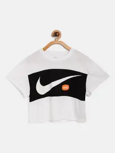 Nike Girls White & Black Swoosh Logo Print Round Neck Boxy T-shirt