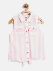 Levis Girls Pink & White Regular Fit Striped Casual Shirt with Tie-Up Detail