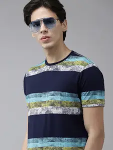 BEAT LONDON by PEPE JEANS Men Navy Blue  Off White Cotton Striped Pure Cotton T-shirt