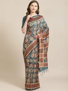 Mitera Teal Blue & Beige Floral Printed Bhagalpuri Saree