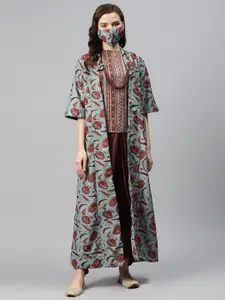 Biba Women Grey & Burgundy Striped Top with Dhoti Pants & Floral Ethnic Jacket