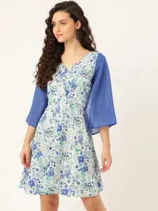 DODO & MOA Women Blue & White Floral Print A-Line Dress