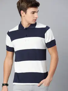 Urbano Fashion Men White  Navy Blue Striped Polo Collar Pure Cotton T-shirt