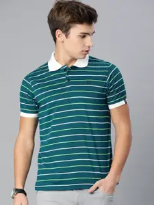 Urbano Fashion Men Teal Green  White Striped Polo Collar Pure Cotton T-shirt