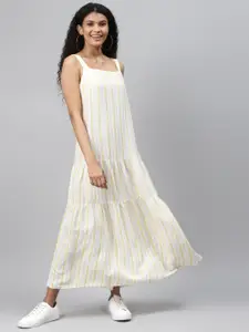 Marks & Spencer Women White & Mustard Yellow Tiered Striped Maxi Dress
