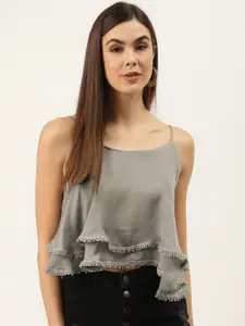 ZIZO By Namrata Bajaj Grey Solid Layered Crop A-Line Top with Lace Detail