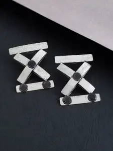 Golden Peacock Oxidised Silver-Toned & Grey Handcrafted Geometric Drop Earrings