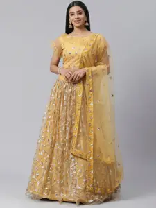 SHOPGARB Mustard Yellow & Golden Semi-Stitched Lehenga & Unstitched Blouse with Dupatta