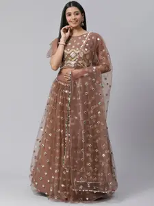 SHOPGARB Brown & Silver Foil Zari Semi-Stitched Lehenga & Unstitched Blouse with Dupatta