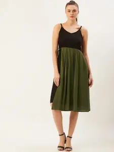 The Dry State Women Olive Green & Black Colourblocked Layered A-Line Dress