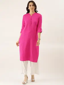 Divena Women Pink Solid Mandarin Collar Roll-Up Sleeve Kurta