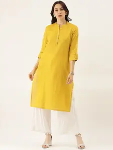 Divena Women Yellow Mandarin Collar Roll-Up Sleeve Kurta