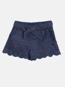 Cherry Crumble Girls Navy Blue Self-Checked Regular Fit Cotton Shorts with Belt
