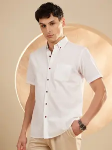 DENNISON Men White Smart Slim Fit Solid Cotton Linen Casual Shirt