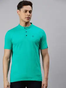 Urbano Fashion Men Teal Green Slim Fit Solid Mandarin Collar Pure Cotton T-shirt