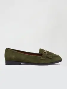 DOROTHY PERKINS Women Olive Green Wide Fit Solid Leather Horsebit Loafers