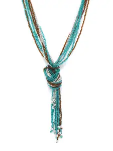 RICHEERA Teal Green & Coffee Brown Silver-Plated Beaded Multi-Stranded Knotted Necklace