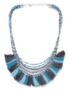 RICHEERA Blue & Black Silver-Plated Tasselled Beaded Multi-Stranded Necklace