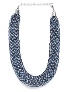 RICHEERA Blue & Silver-Toned Beaded Statement Bohemian Braided Necklace