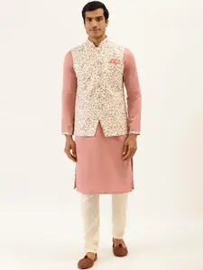Manyavar Men Peach-Coloured Solid Kurta with Churidar & Nehru Jacket