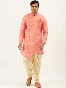 Manyavar Men Peach-Coloured & Beige Self-Design Kurta with Patiala