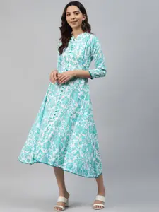 HIGHLIGHT FASHION EXPORT Women Blue & White Floral Print Midi A-Line Dress