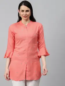 HIGHLIGHT FASHION EXPORT Women Peach-Coloured & Silver Hand Embroidered Bell Sleeves Kurta