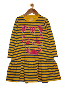 KiddoPanti Girls Yellow Striped Drop-Waist Dress
