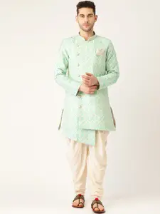 Manyavar Men Green & Off-White Jacquard Angrakha Kurta with Patiala