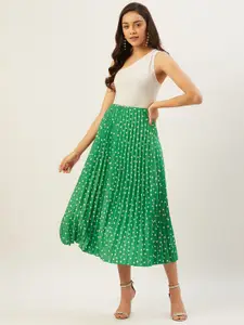 ANVI Be Yourself Women Green & White Polka Dot Printed Accordion Pleated Flared Skirt
