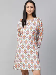 Global Desi Women EcoVero Off-White & Orange Printed A-Line Dress