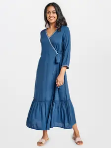 Global Desi Women Blue Solid EcoVero Tiered Wrap Dress With Embroidery